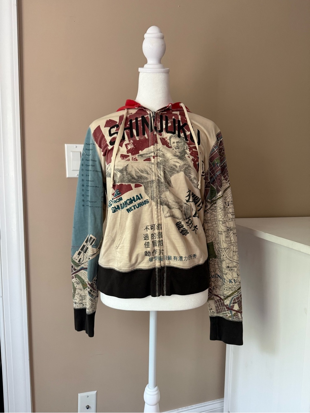 Vintage Lucky Brand Zip Up Hoodie featuring Japan city map